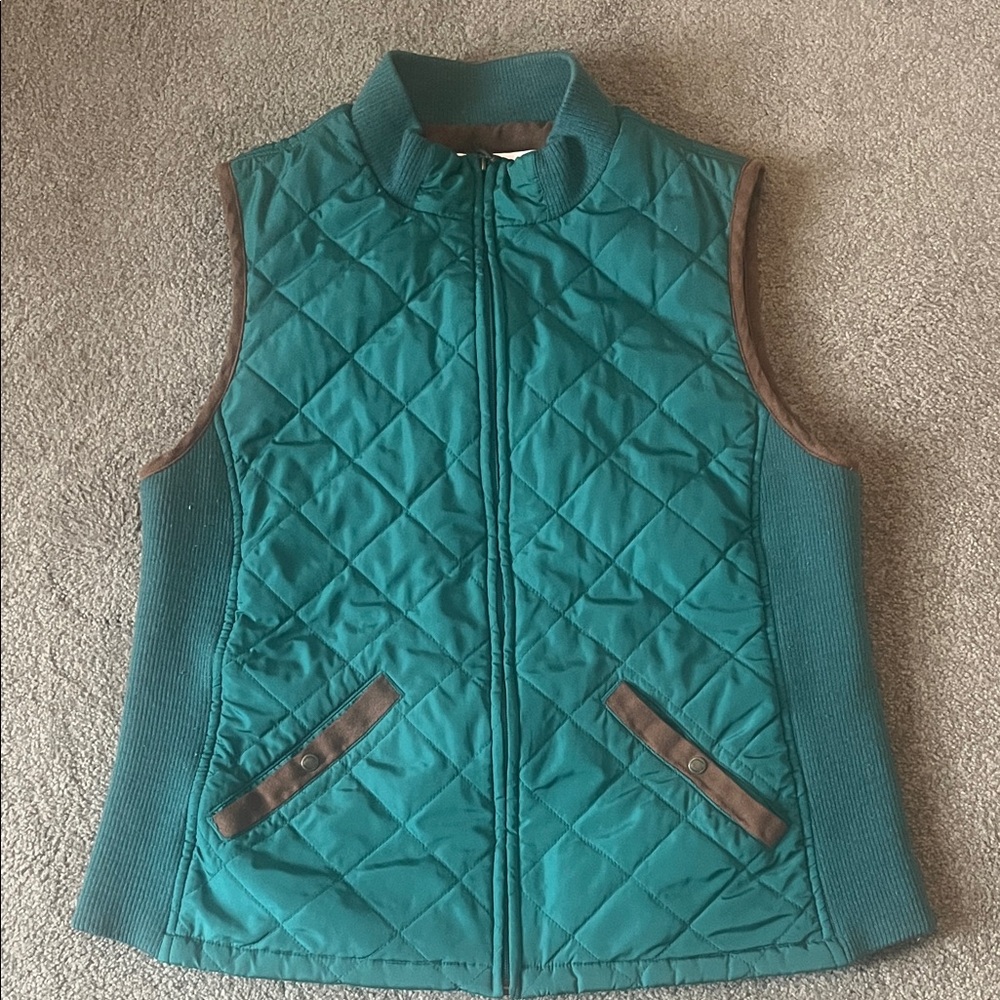 Vintage Croft & Barrow Green Quilted Vest with Brown Suede Accents